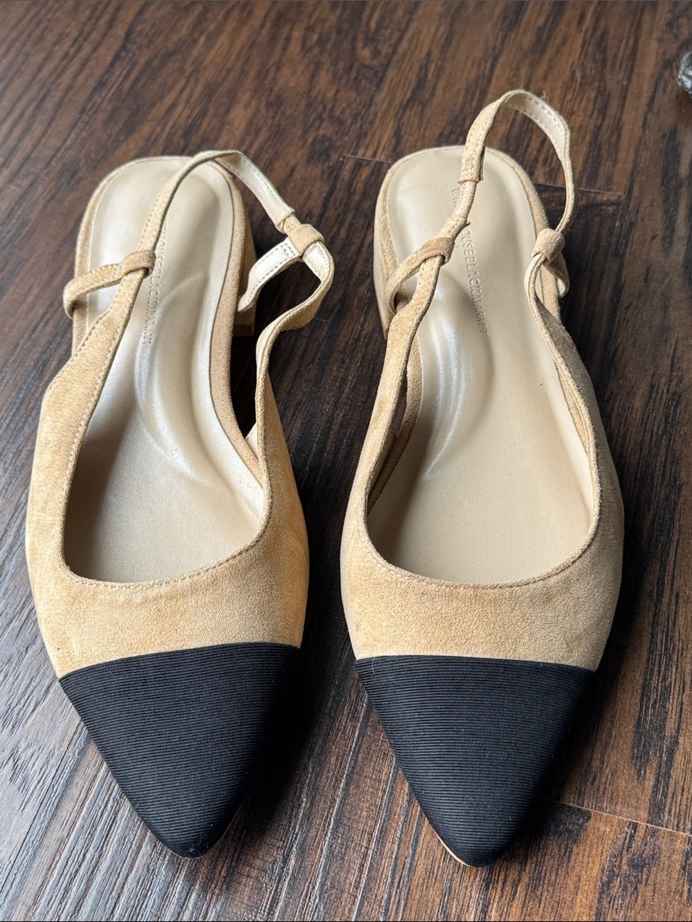 White House Black Market Tan Suede Slingback Mules with Black Pointed Toe